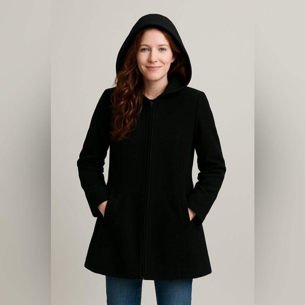 Vintage Herman Kay Black Hooded Zip Up 100% Wool Coat Sz S EUC